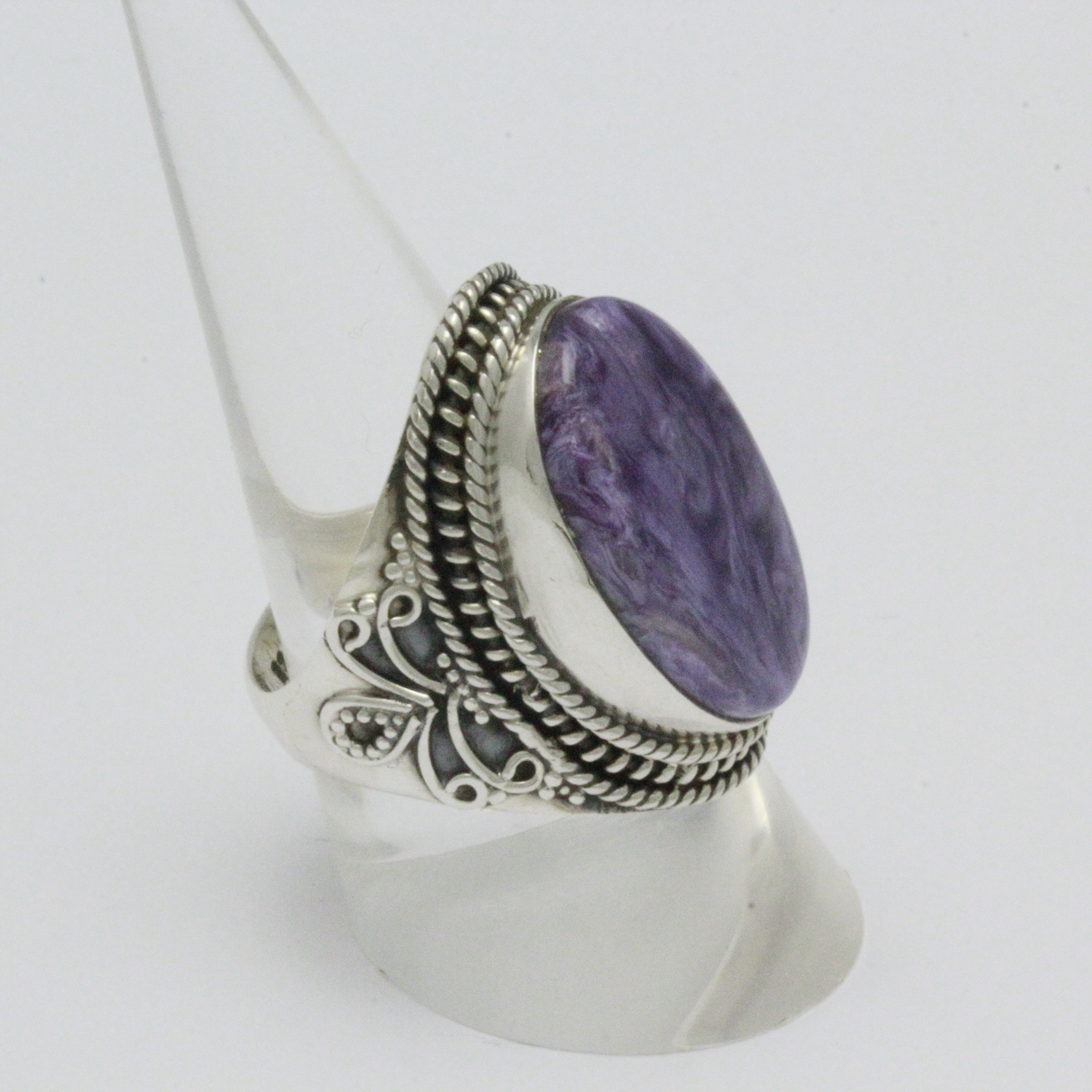 Bague En Argent Fin Avec Charoïte Naturelle Violette - Taille 58, Ajustable - Neuf Avec Étiquette