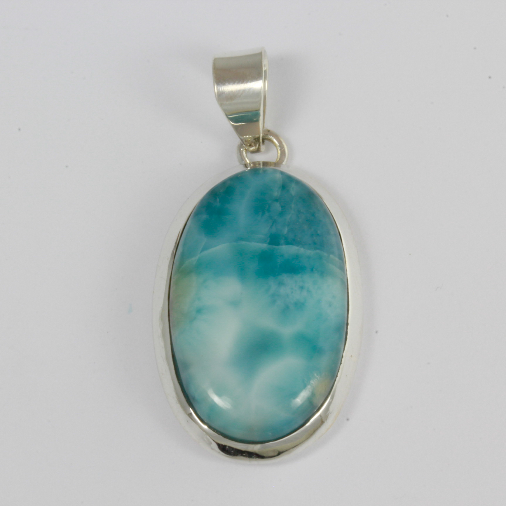 Pendentif Ancien En Larimar Monté Sur Argent 925 - Pierre Polie Turquoise - Très Bon état