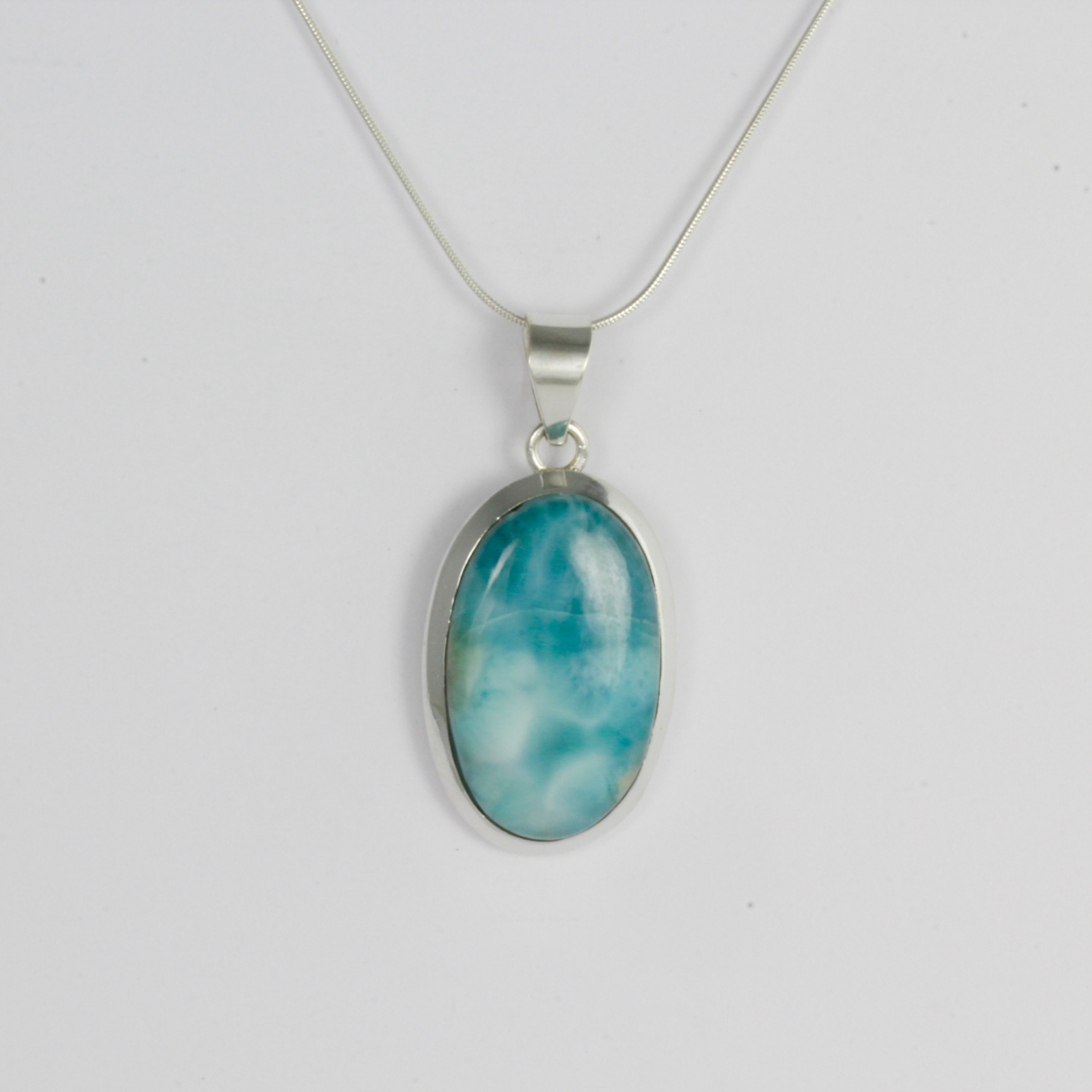 Pendentif Ancien En Larimar Monté Sur Argent 925 - Pierre Polie Turquoise - Très Bon état